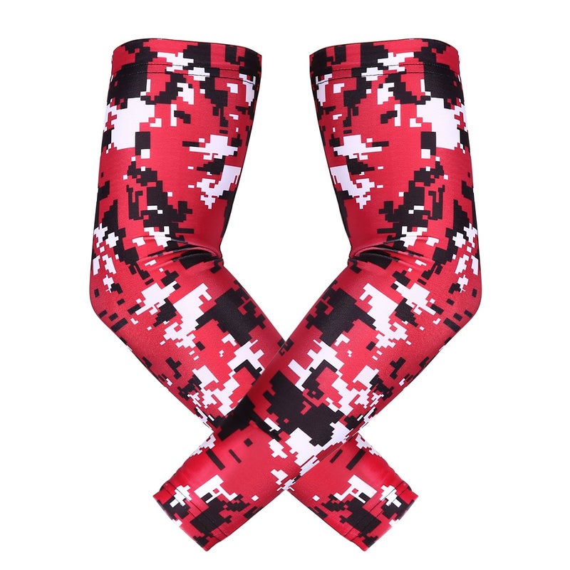 HDE Arm Compression Sleeves for Kids Basketball Shooting Sleeve Youth Sports Cooling Sun Protection Football Baseball 1 Pair Red Digital Camo - YM - Image 1